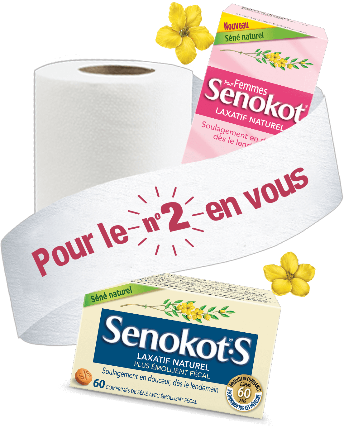 Des produits Senokot enveloppé par du papier toilette